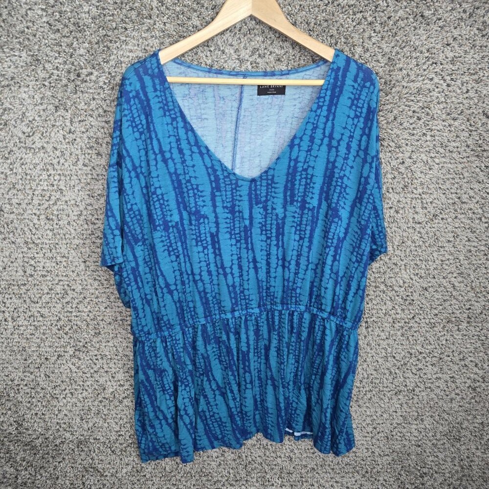 Lane Bryant Top Womens Plus 22/24 Blue V‎ Neck Printed Stretch Elastic Waist